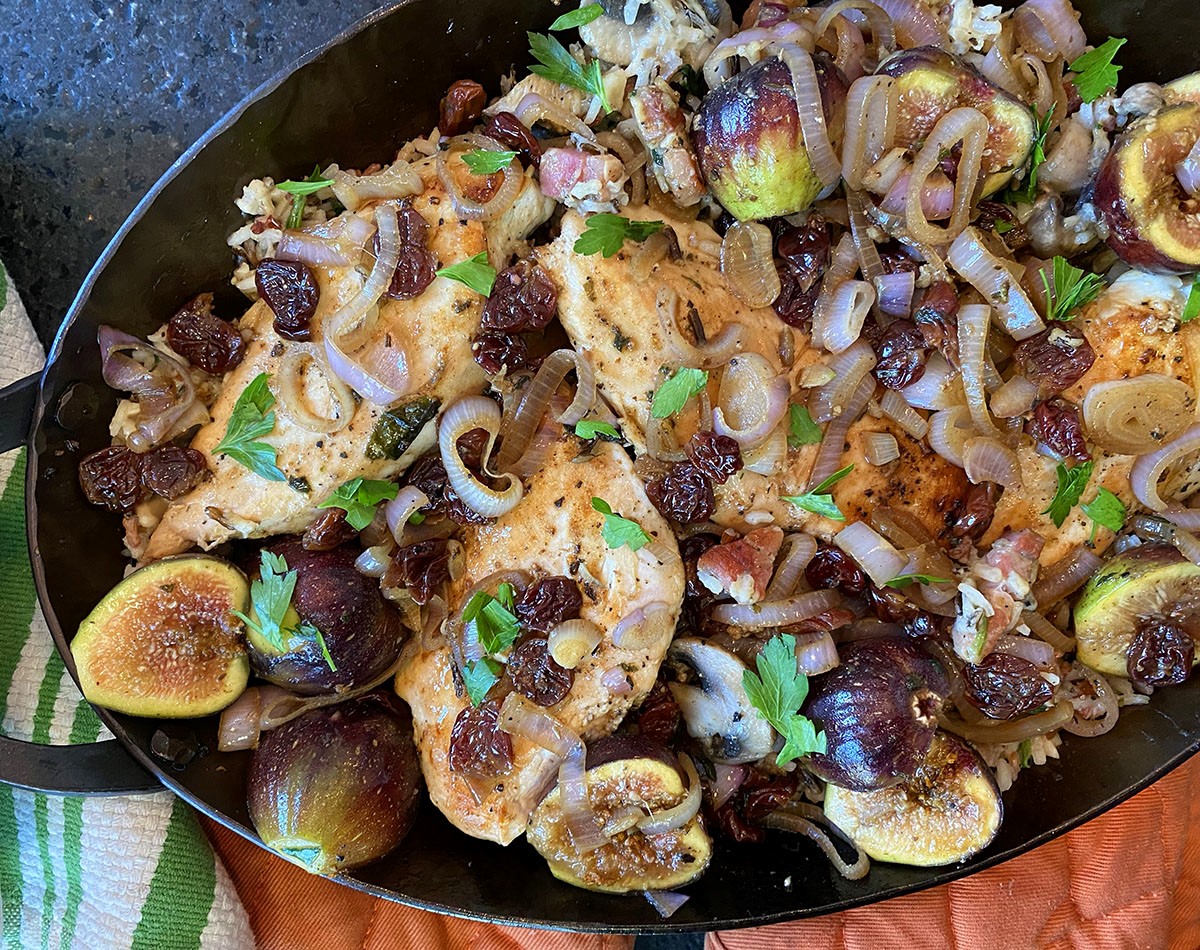 PanRoasted Chicken with Wild Rice, Figs, Dried Cherries, and Madeira